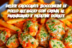 Delizie Croccanti: Bocconcini di Pollo all’Aglio con Crema al Parmigiano e Patatine Dorate