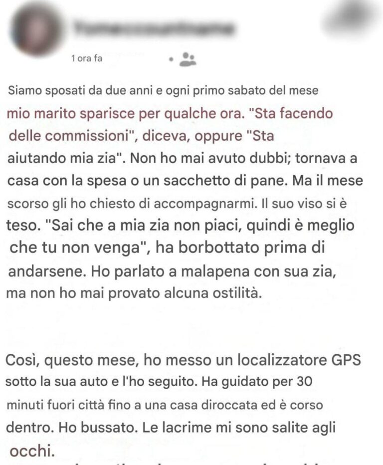 Ogni primo sabato del mese, mio marito sparisce per qualche ora: una volta che l'ho seguito, non sono più riuscita a guardare il nostro matrimonio con gli stessi occhi.
