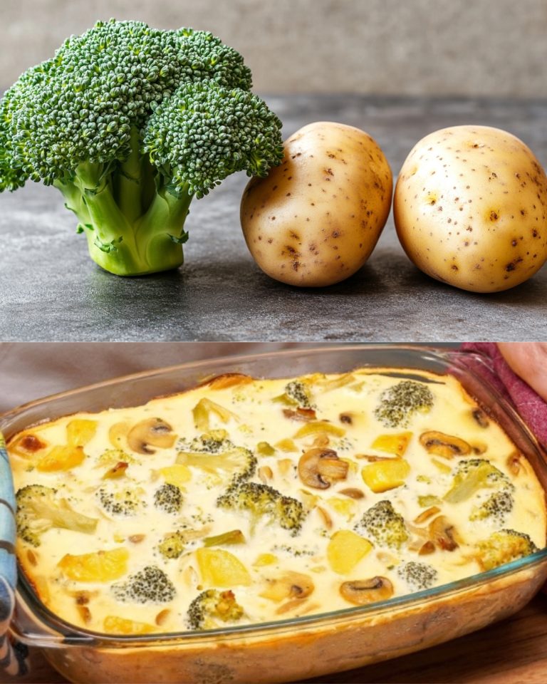 Casseruola di patate e broccoli con funghi e aneto