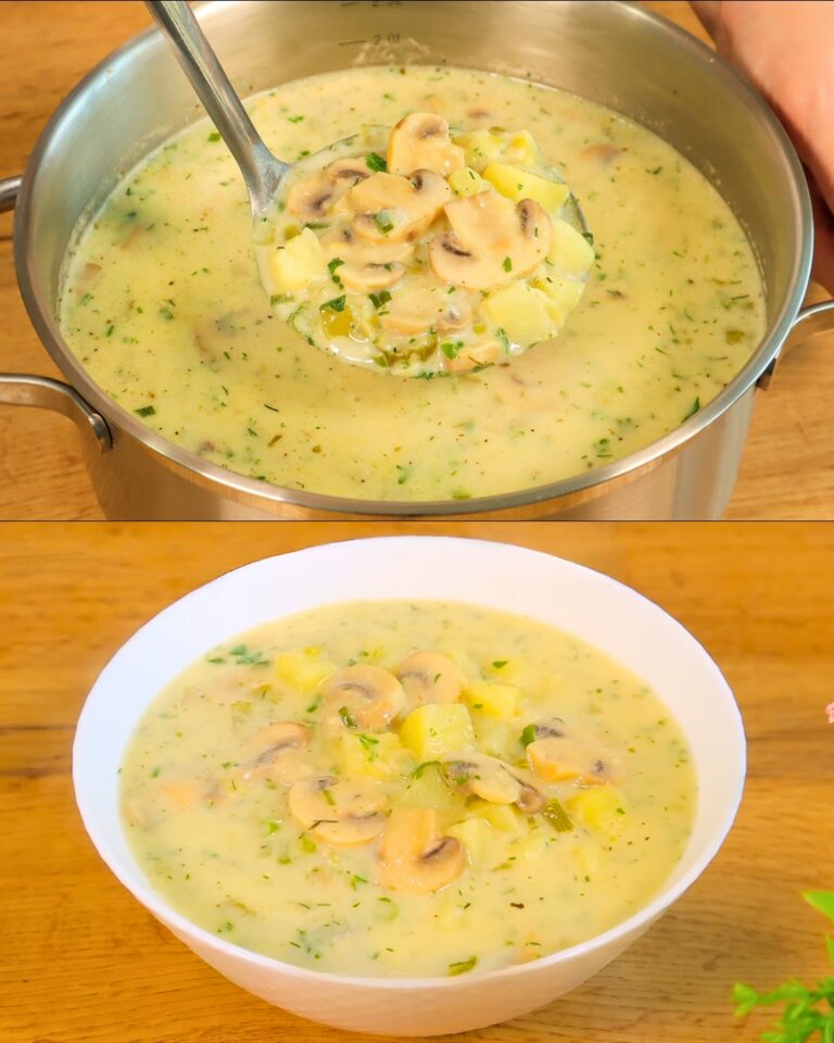 Zuppa cremosa di funghi con salsa di cetrioli e yogurt e pane tostato alle erbe