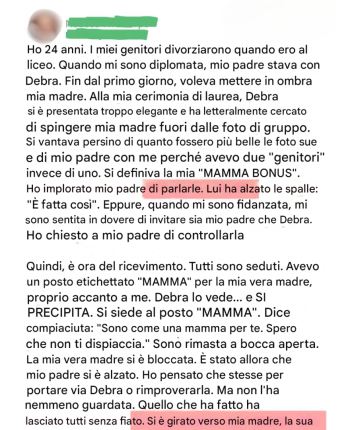 La nuova moglie di mio padre ha cercato di sabotare mia madre ogni volta che ne aveva l’occasione e di definirsi la mia « mamma bonus », ma il suo comportamento al mio matrimonio ha superato il limite.