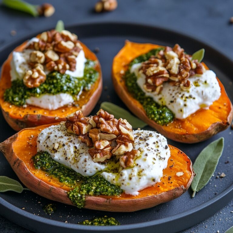 Delizie d’Autunno: Patate Dolci Farcite alla Burrata con Noci Croccanti e Pesto di Salvia"