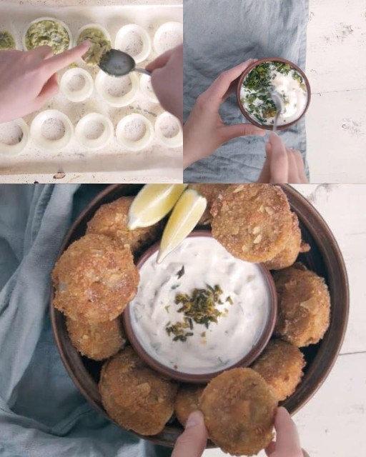 Anelli di cipolla croccanti con cuore di guacamole fresco