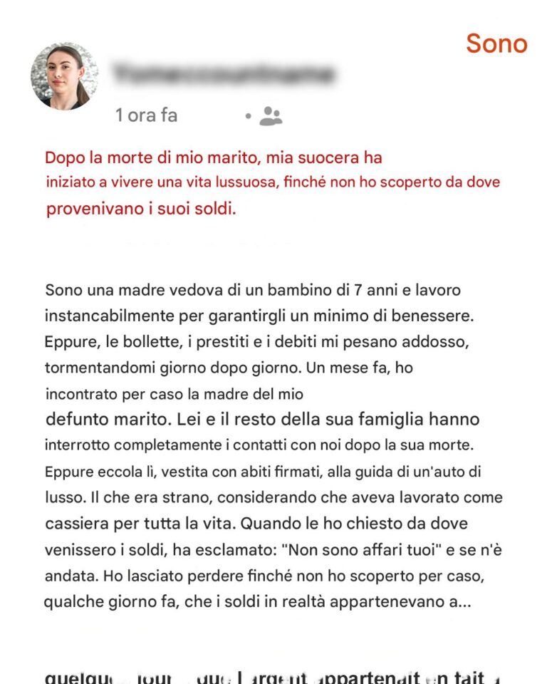 Dopo la morte di mio marito, mia suocera iniziò a vivere una vita lussuosa, finché non scoprii da dove provenivano i suoi soldi.