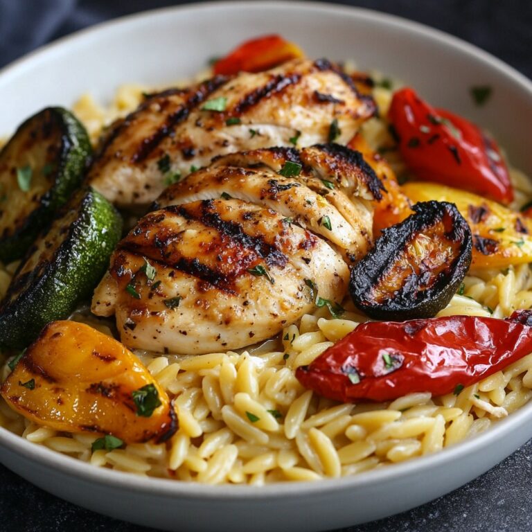 Orzo cremoso con pollo arrosto e verdure grigliate