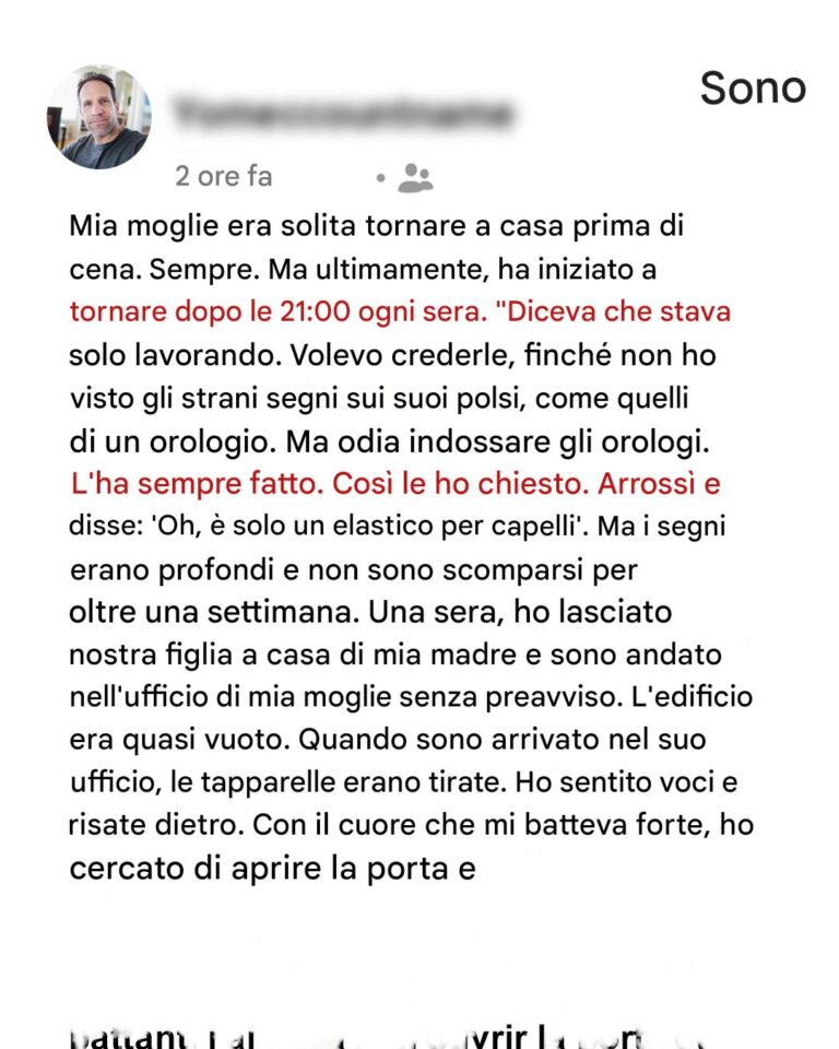 Mia moglie ha iniziato a tornare a casa dopo le 21:00 con strani segni sui polsi, quindi una sera mi sono presentato nel suo ufficio senza preavviso.
