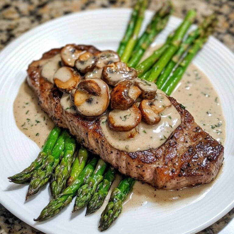 Bistecca con salsa cremosa di funghi e asparagi