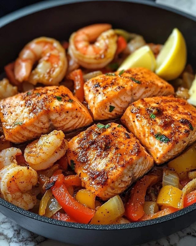 Salmone e gamberi speziati in padella con peperoni: un’esplosione di sapori mediterranei