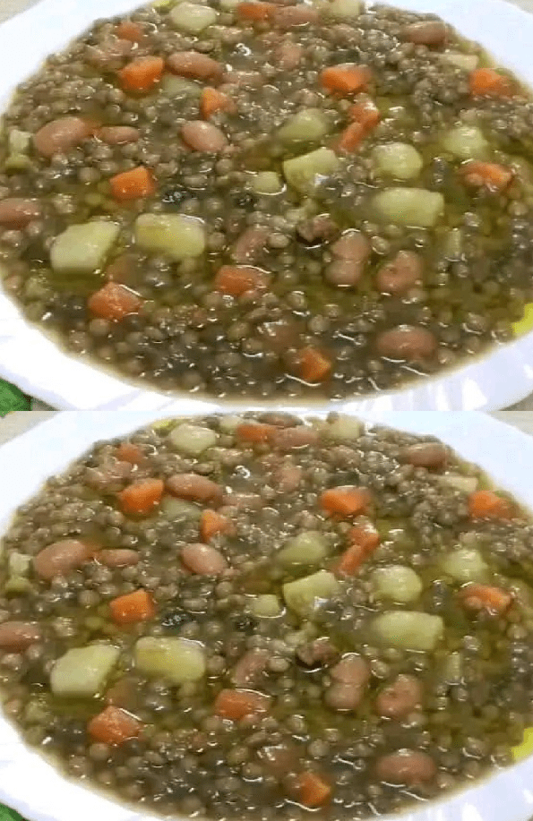 Un bel piatto di lenticchie, fagioli borlotti, patate , sedano , carote , cipolle , pomodoro, prezzemolo , sale , pepe , e olio estravergine d’oliva .