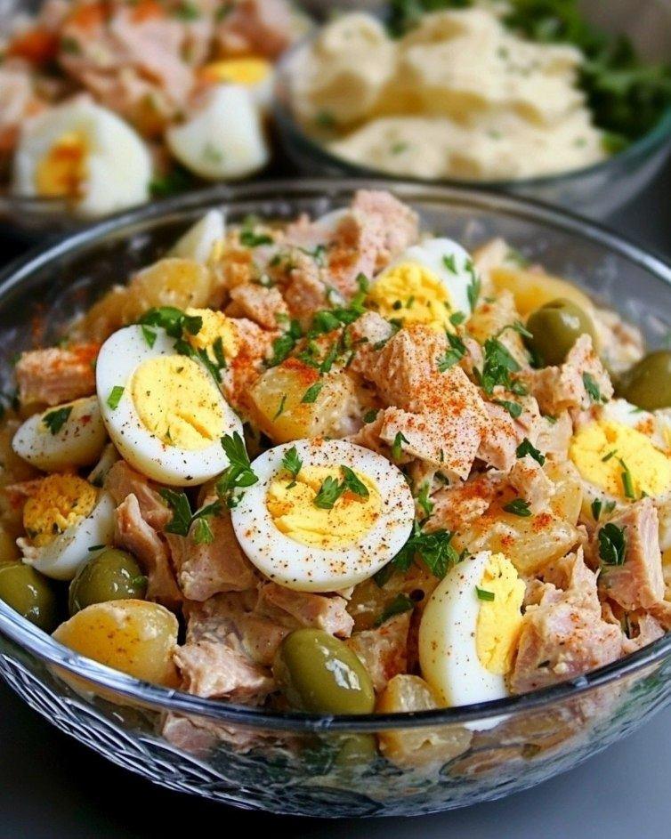 Insalata di patate con tonno e uova fresche