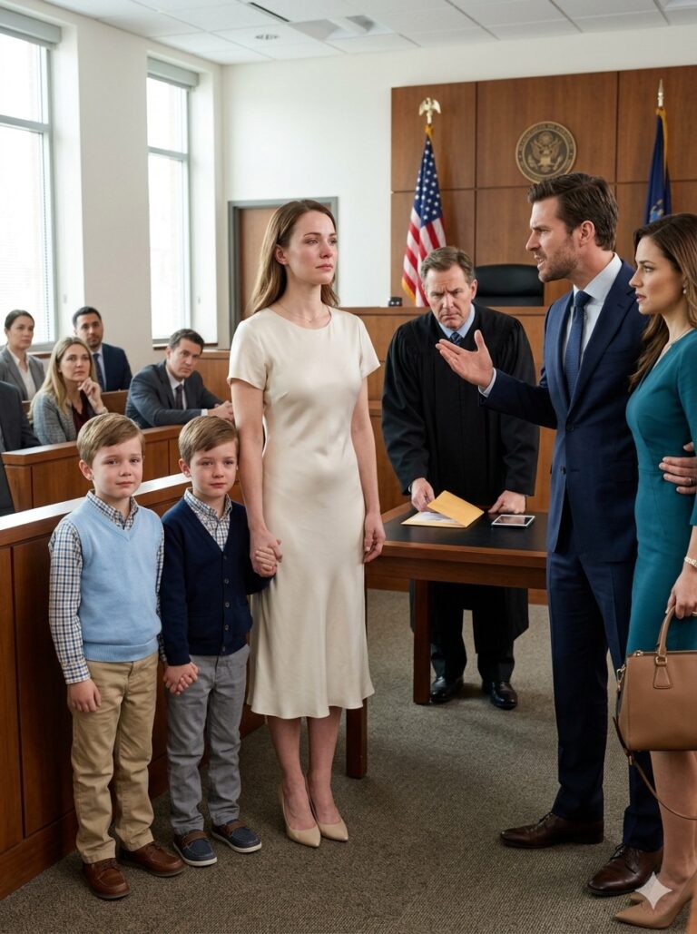 «Te ne andrai a mani vuote... e io mi prenderò i bambini», disse mio marito mentre la sua amante sorrideva in tribunale, ma quando entrai con i nostri due gemelli, la verità sulla sua compagnia fece ammutolire persino il giudice.