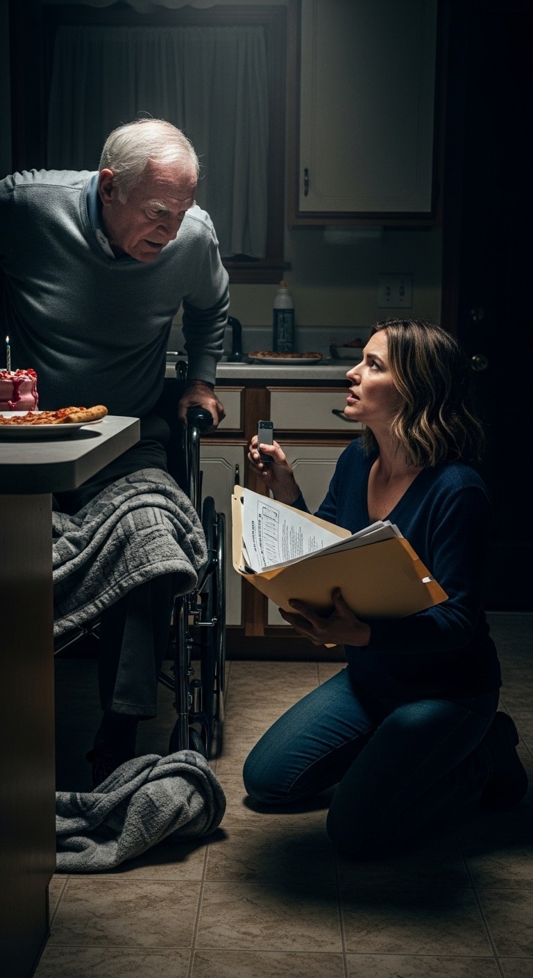 Sono venuta a festeggiare il compleanno di mio suocero, ma l'ho trovato solo con una pizza fredda e il silenzio. Poi mio marito e mia suocera hanno chiamato dalle Hawaii, ridendo: "Spero che ti stia divertendo a fare da babysitter!". Allora lui si è alzato lentamente e ha detto: "È ora. Facciamogli una sorpresa".