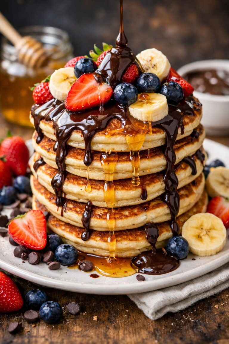 Pancake fatti in casa con frutta, miele e cioccolato