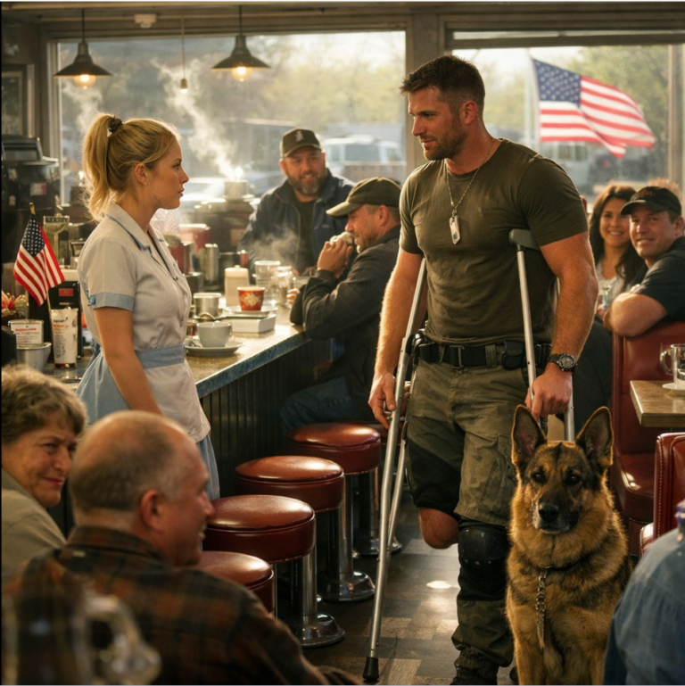 «Posso sedermi qui?» chiese a bassa voce l'uomo con le stampelle, e nessuno nel ristorante affollato gli offrì una sedia finché la cameriera dietro il bancone non notò il cane accanto a lei che la fissava come se avesse trovato una persona scomparsa dalla guerra, qualcuno che aveva passato anni a cercare di dimenticare, mentre improvvisamente ogni tavolo si rendeva conto che anche dei semplici sconosciuti potevano portare il peso della storia.